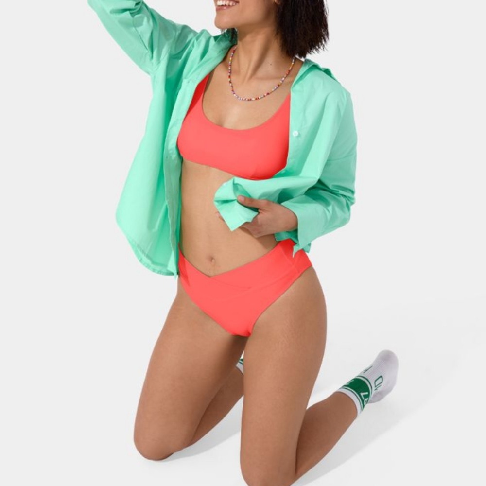 HALARA Crossover Bikini Bottom Pink High Waist High Cut Cheeky Sporty Beach